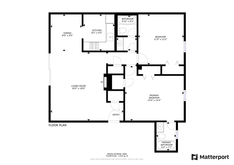 Floor plan for 2 beds, 2 baths, 1000 sqft